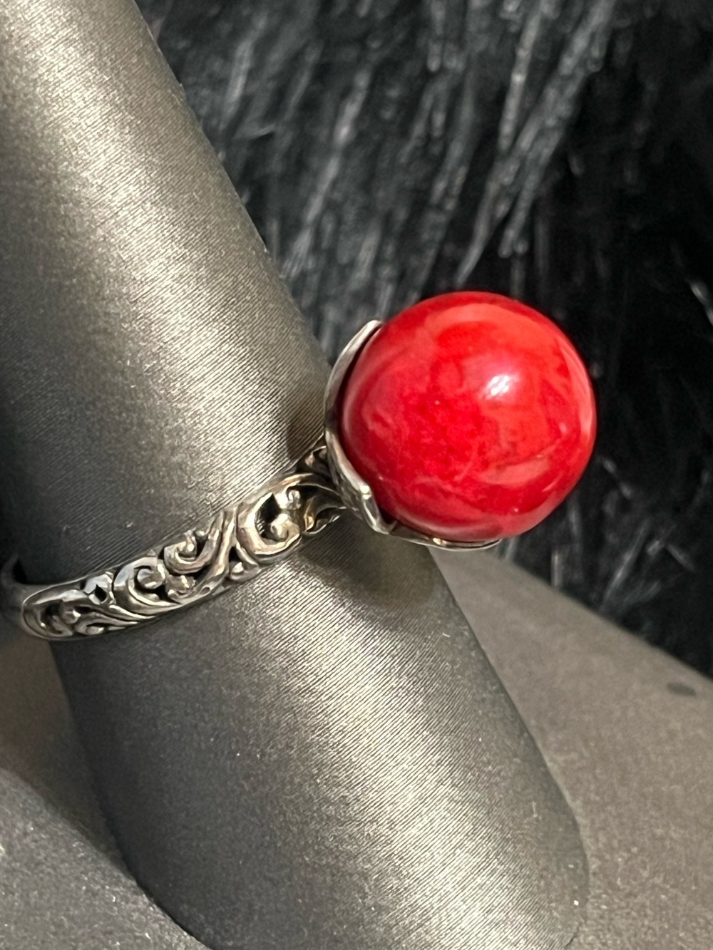 Red Ball Sterling Lotus Ring